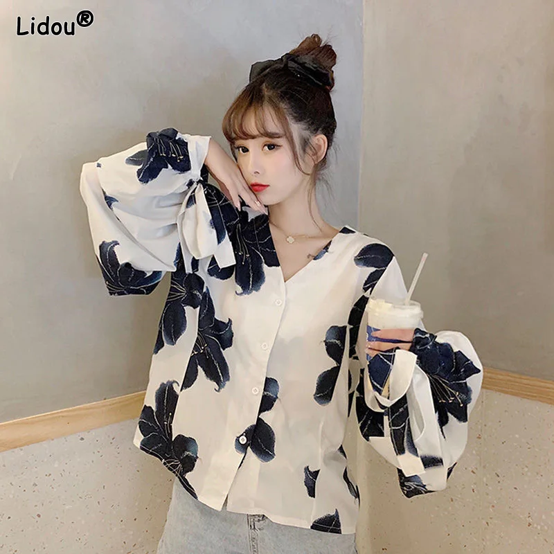 Fashionable Women's Clothing Thin Casual Korean Lantern Sleeve Floral Blouses Button Printing Temperament Spring Summer V-neck