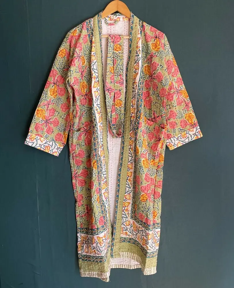 Kantha Kimono Coat Bathrobe Soft Cotton Long Jacket Hand Block Print 17662 soft clemmy сенсорная ферма soft block