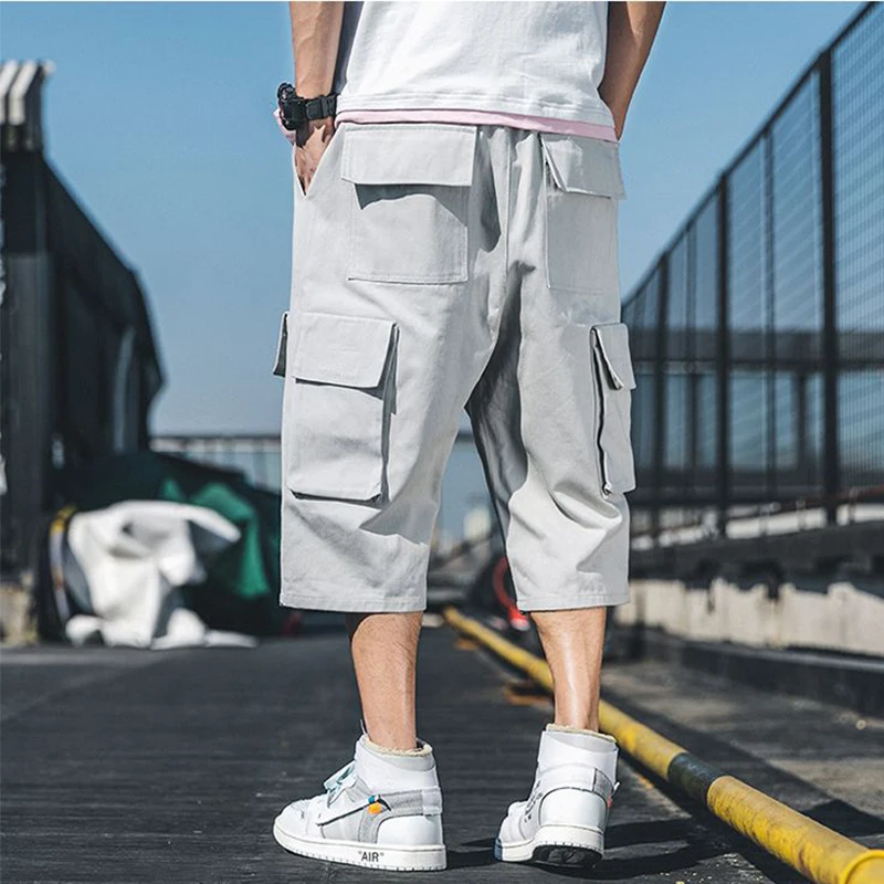 Summer Workwear Shorts Men's Loose Thin Capris Casual Shorts Pants Large Capris Multi Pocket Drawstring Cargo Shorts Male
