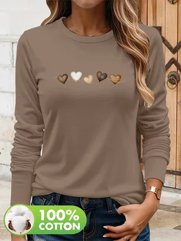 Women's autumn and winter 100% pure cotton fashionable casual heart-shaped printed round neck long sleeved T-shirt top 1