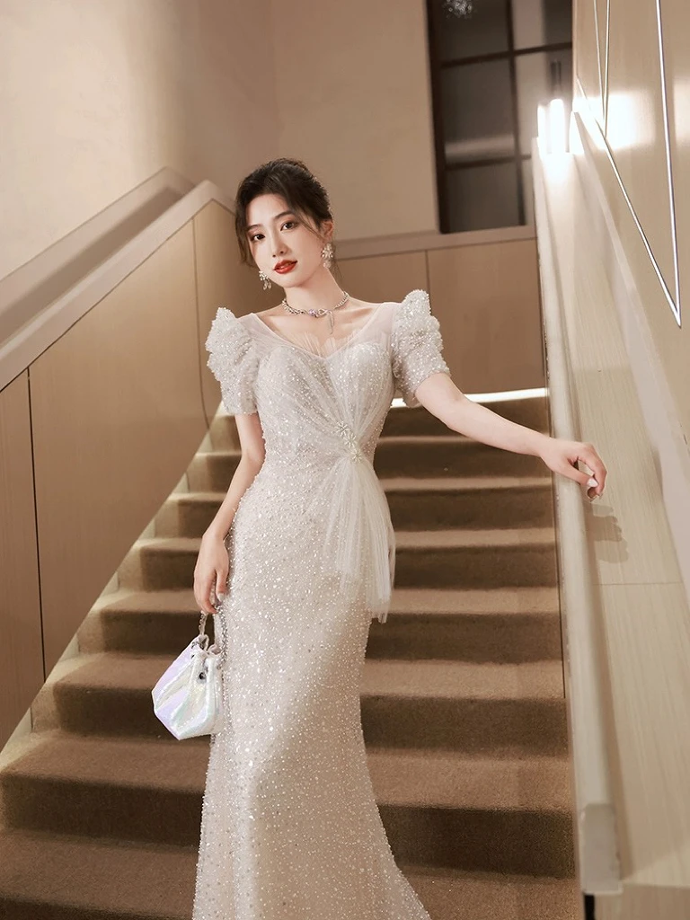 

Luxury Beading Prom Dresses Mermiad V-neck Ribbon Applique Sequins Bride Beach Party Quinceanera Shiny Formal Evening Gowns 2023