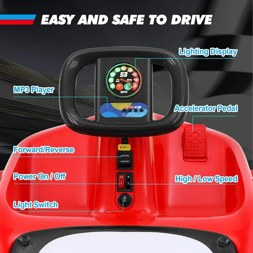 Kids Ride On Car, 12V7AH Battery Powered Electric Cars for Kids, Ride On Toy with Remote Control, Flag, Music, Lights, Red