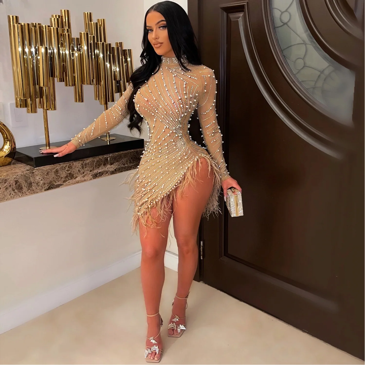 

Luxury 2023 Evening Celebrity Feathers Sheer Mesh Short Dresses for Women Sexy Pearls Rhinestones Party Birthday Vestidos