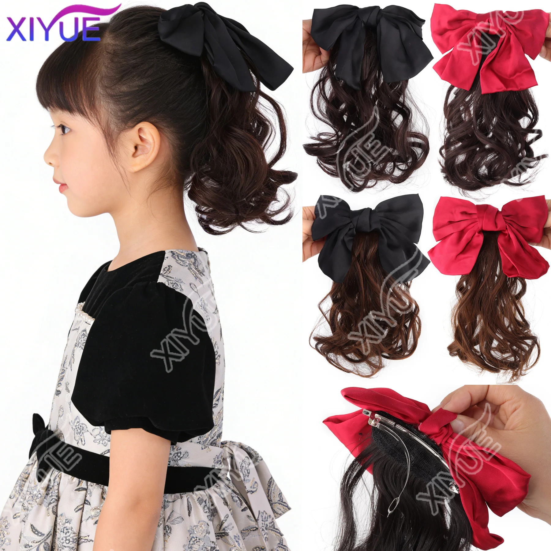 XIYUE Elegant Big Bow Hair Clip bow women's short curly hair short ponytail easy to wear Children's wig Accessories wig