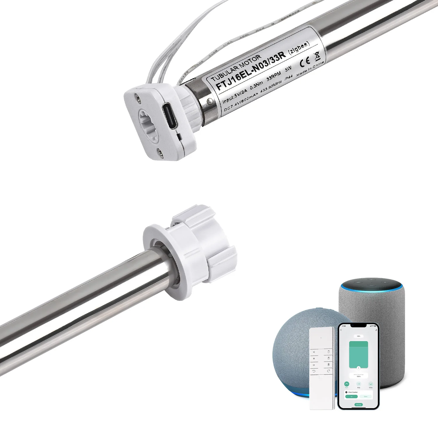ZigBee สมาร์ทมอเตอร์ตาบอดพร้อมแบตเตอรี่ในตัวสําหรับท่อ 17/25/28 มม., มอเตอร์ท่อ 16LEU พร้อมการควบคุมแอพ / เสียง / Emitter 1
