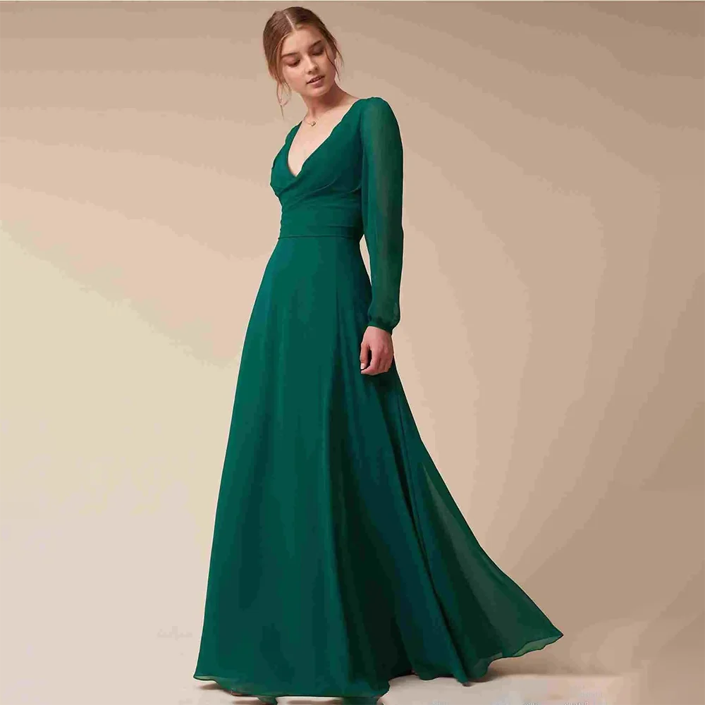 

Elegant Long Sleeve Chiffon Prom Dresses A Line V Neck Simple Cheap Formal Evening Gowns Women Party Celebrity Red Carpet Dress