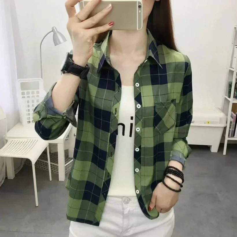 2024Spring and Autumn New College Style Women's Long sleeved Bottom Top Cardigan Long sleeved Fashion Plaid Shirt - Image 4