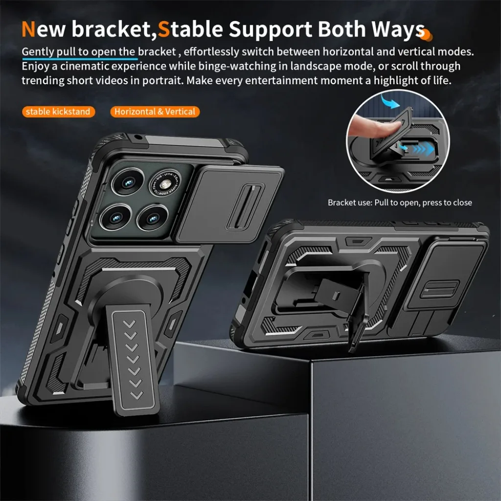 Durable Shockproof Case with Slide Camera Lens Cover and Kickstand