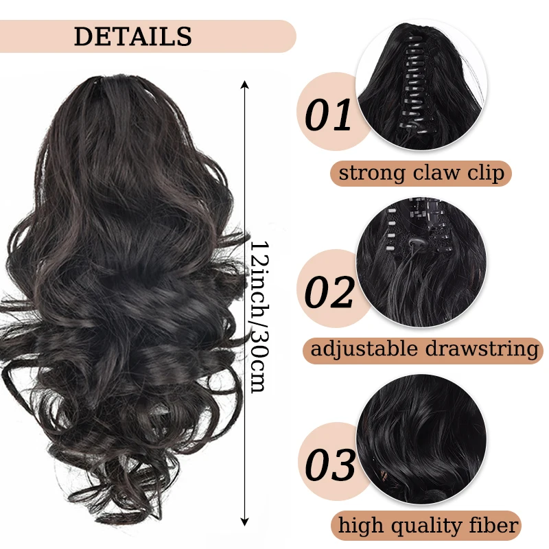 12inch Wavy Hair Ponytail Wig Synthetic Hair Extensions Claw Clip Ponytail Hairpiece with Drawstring for Women Daily Party Use