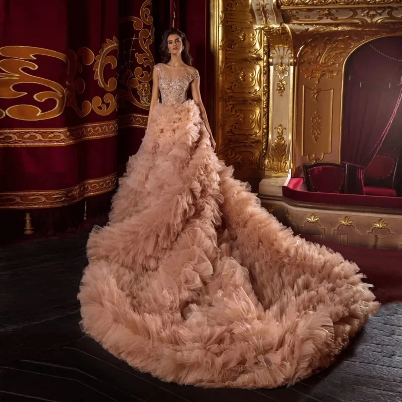 

Fashion Bridal Tulle Evening Party Dresses Long Luxury 2024 Wedding Gowns Tiered Tulle Long Train Prom Women Dress Dusty Pink