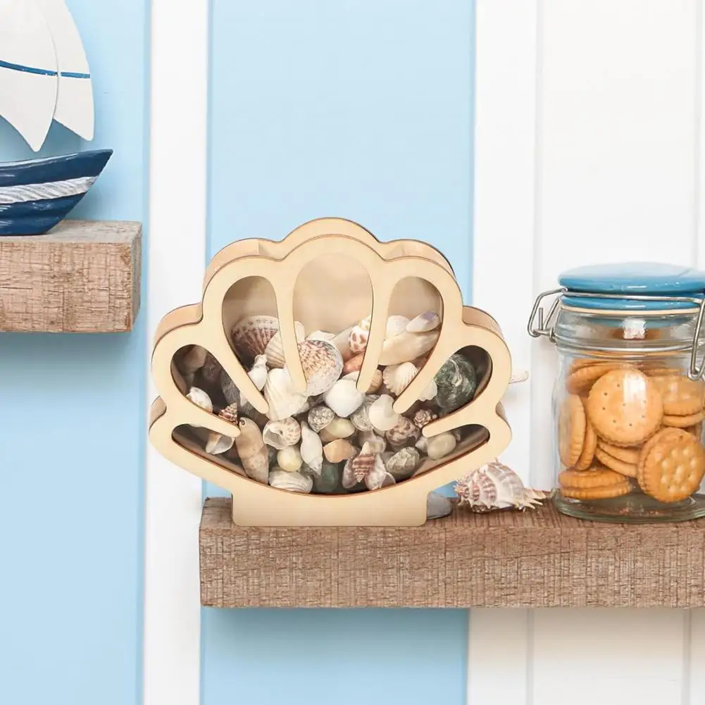 18*15cm Wooden Shell Display Case Handcrafted Rustic Sea Shell Shadow Box Seashell Shaped Storage Display Box Home Decoration