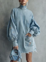 Vintage Blue Denim Mini Dress High Collar Lantern Sleeve Ripped Trimmings Long Sleeve Retro Chic Women's Fashion