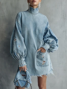 Vintage Blue Denim Mini Dress High Collar Lantern Sleeve Ripped Trimmings Long Sleeve Retro Chic Women's Fashion 1