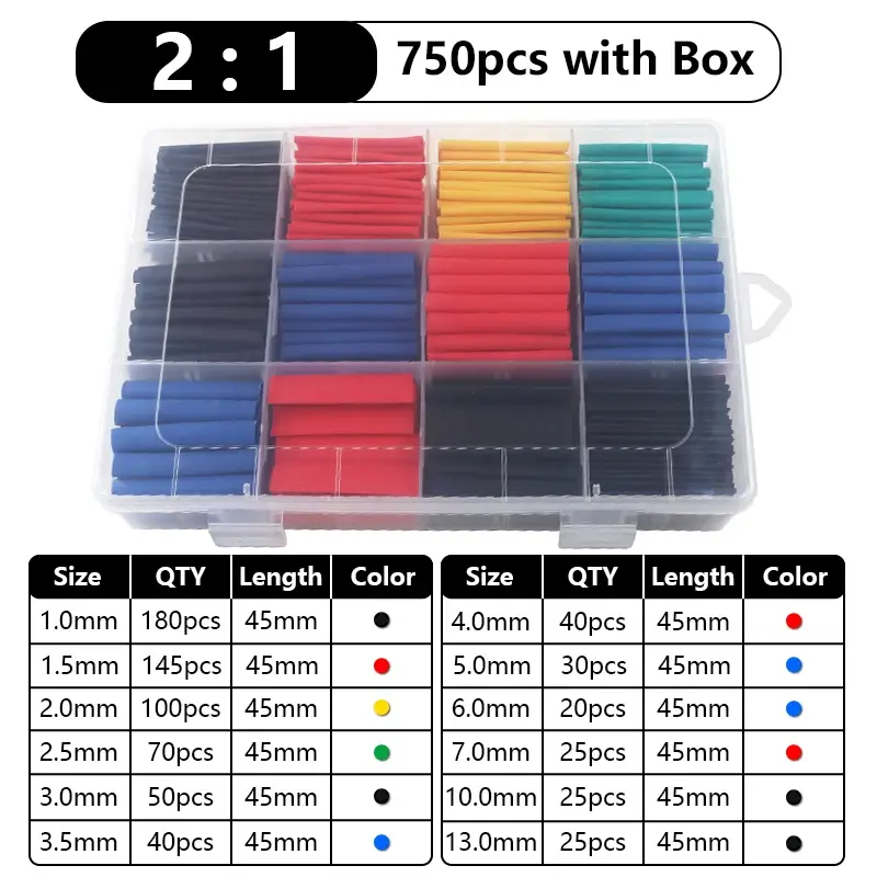 102-750pcs 2:1 Thermoresistant Tube Heat Shrink Wrapping Kit Assorted Wire Cable Insulation Sleeving 3:1 Heat Shrink Tube Set - Image 10