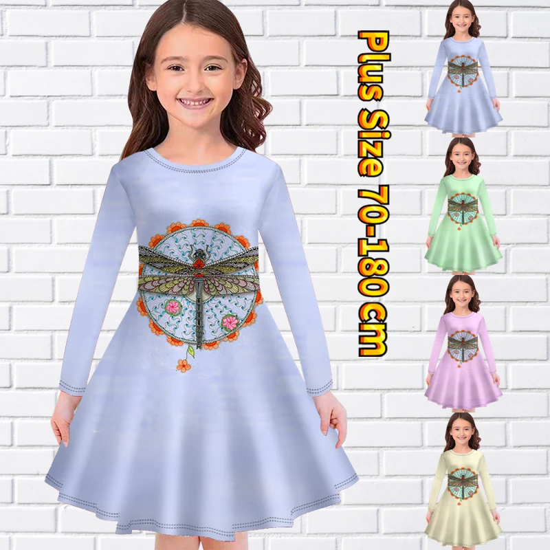 

2022 Autumn Winter Girls Dragonfly Dress Loose Size Long Sleeve Skirt Little Girl Round Neck Knee-length Skirt Print Midi Skirt