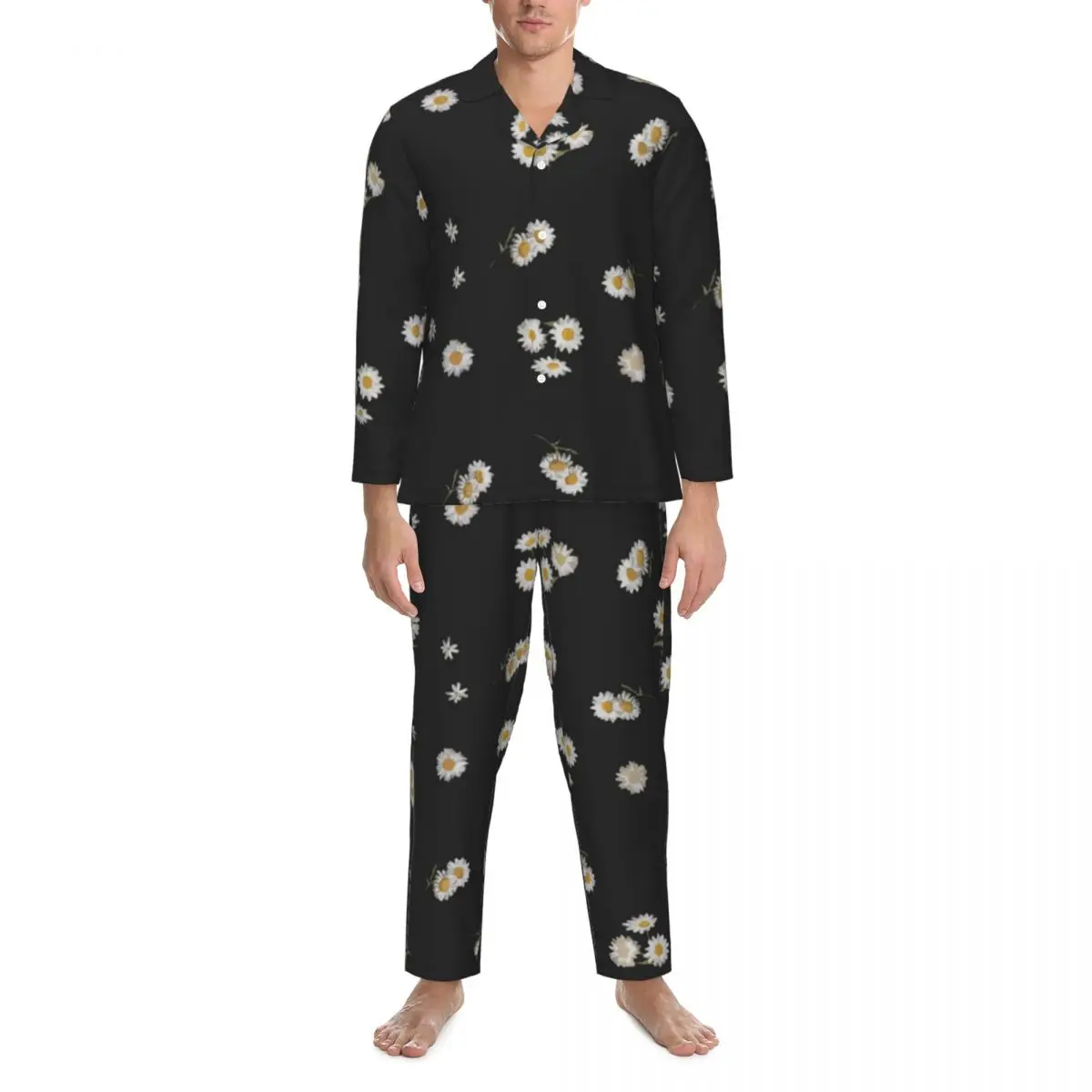 

Pajamas Men Nature Daisies Home Sleepwear White Floral Daisy 2 Pieces Casual Pajamas Set Long-Sleeve Warm Oversize Home Suit