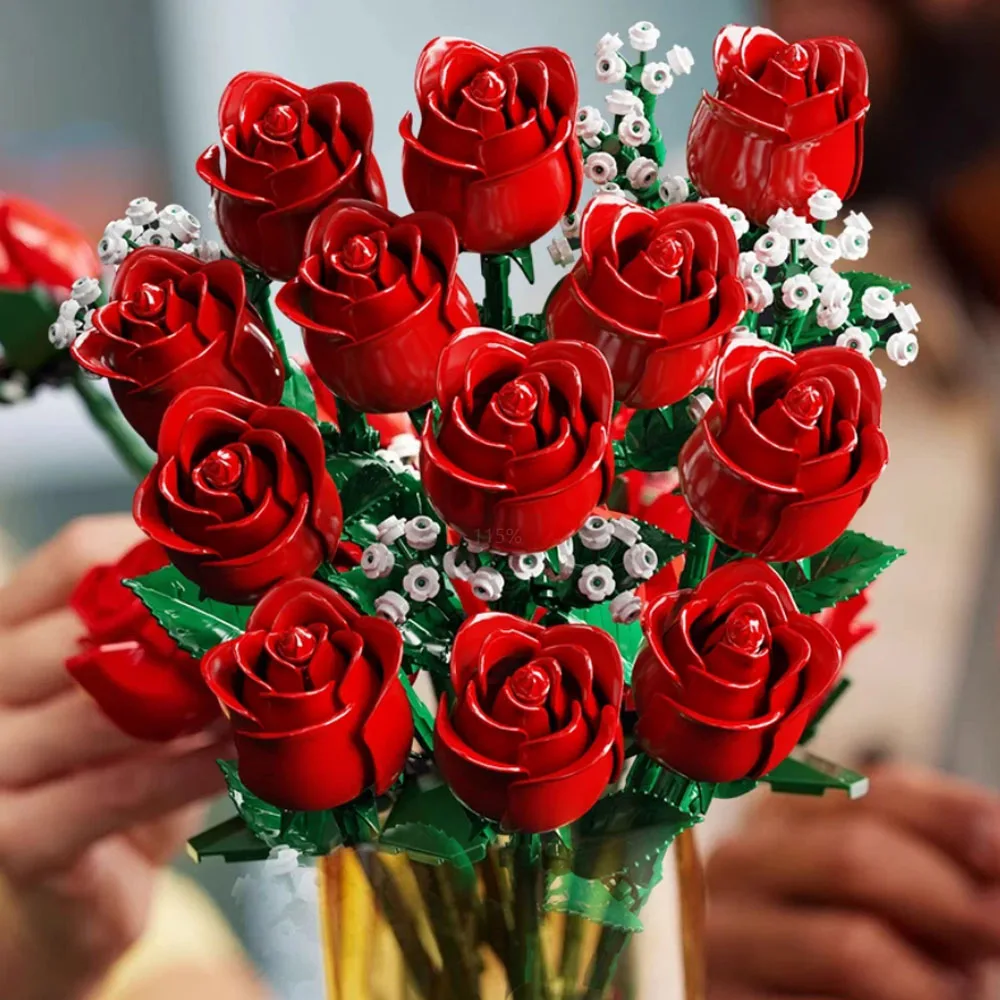 968PC Romantic Rose Bouquet Building Blocks Creative Home Desktop Plant Decorati