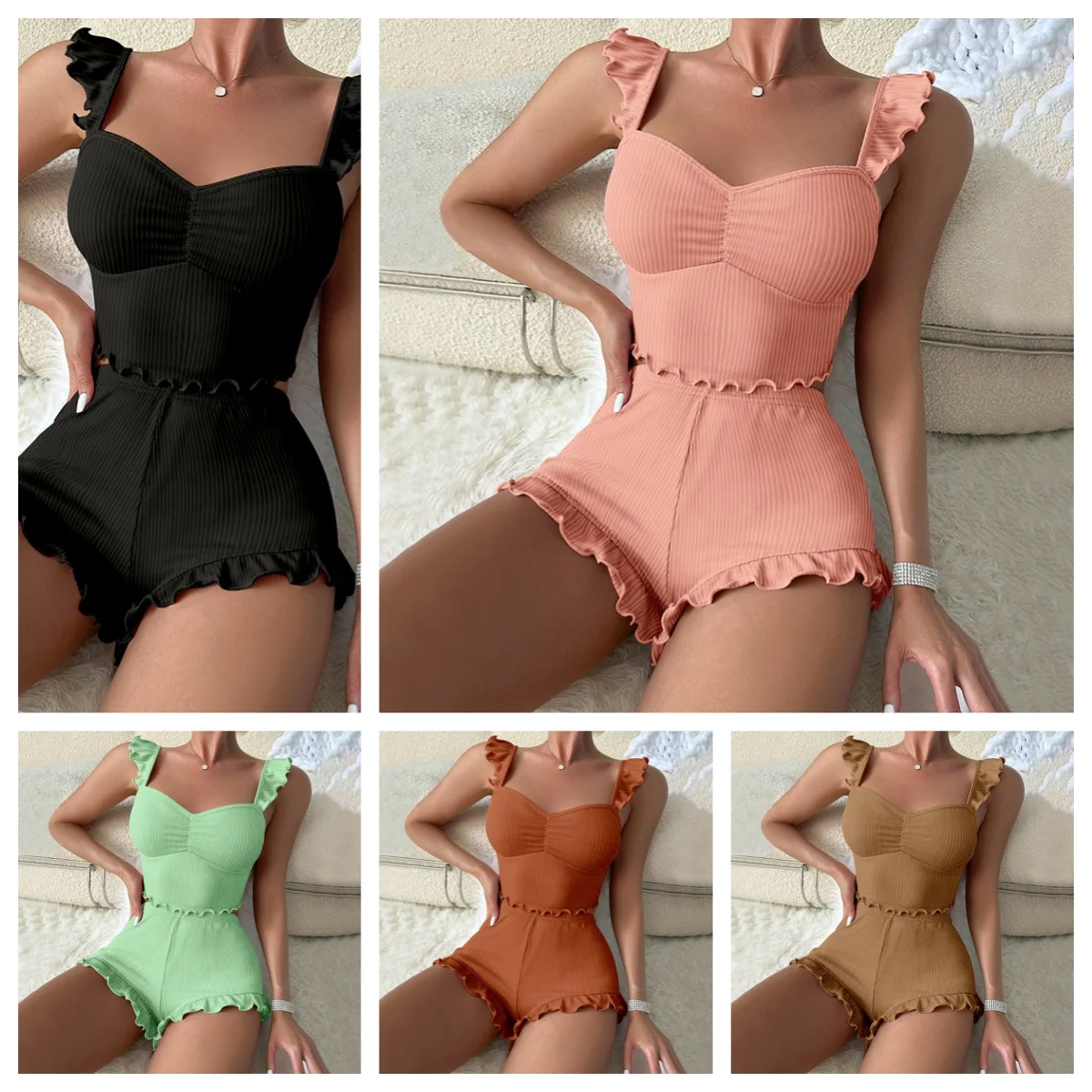 Pajama Set Small Flying Sleeves Sexy Halter Women's Pajama Pit Strip Halter Shorts Women's Pajama Simple Comfortable Home Wear