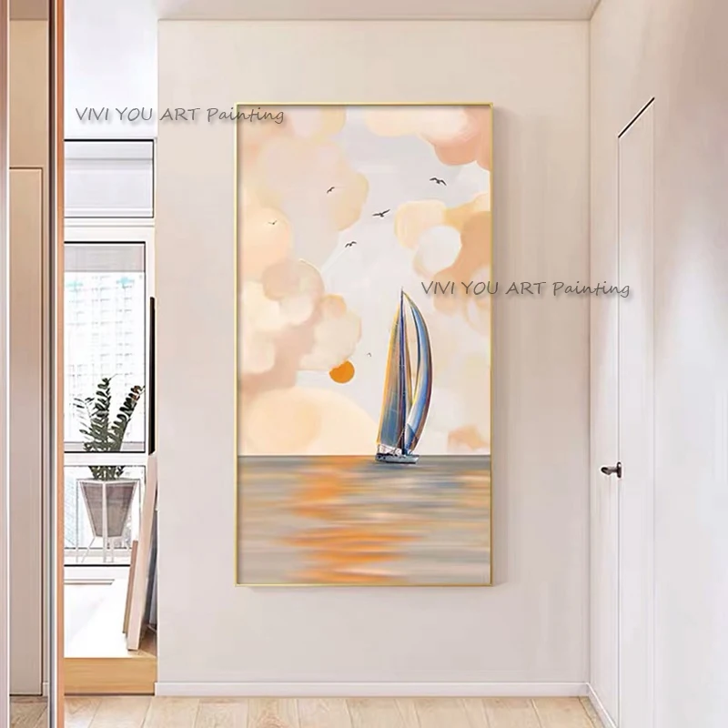 

Hand-painted Ship Oil Painting on Canvas Sunrise Wall Art Picture Sea View Room Decor for Living Room Original Color Mural Draw
