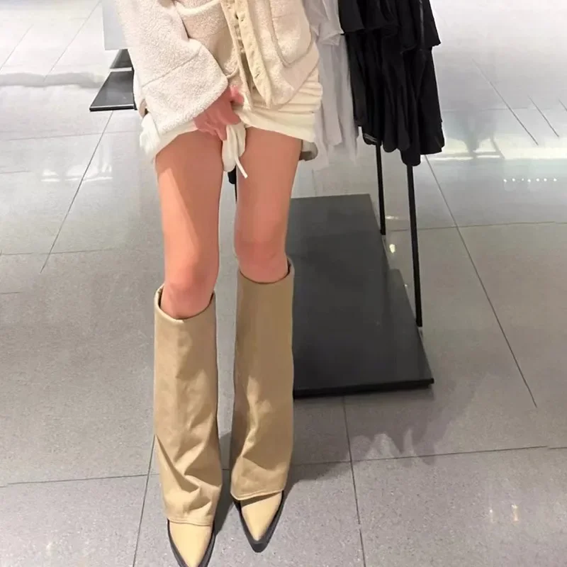 Chunk Leather High Boots Women Knee High Pointer Toe Heels Shoes Woman Trend Chelsea Boots New Pumps Mujer Snow Gladiator Botas