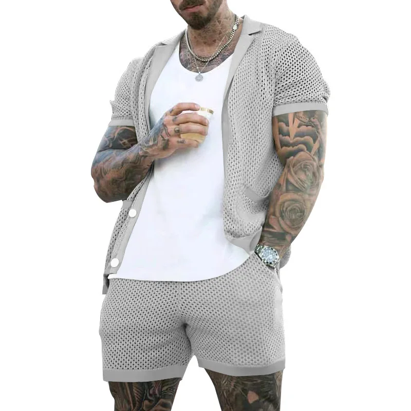2025 Amazon Short-sleeved Shorts Suit for Men Cool Hole Cloth Lapel Cardigan Short-sleeved Suit for Men Summer Two-piece Set 4