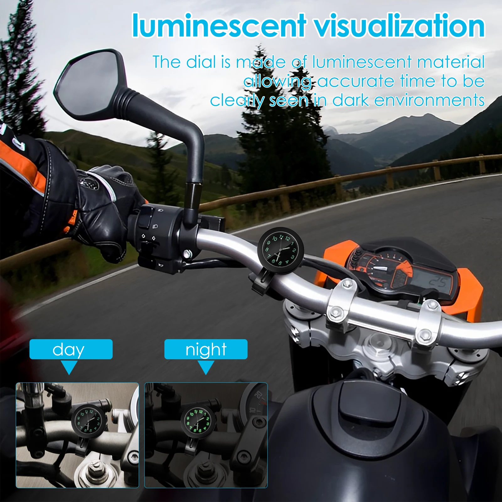 Chrome Waterproof Motorbike Handlebar Clock with Night Luminous Features