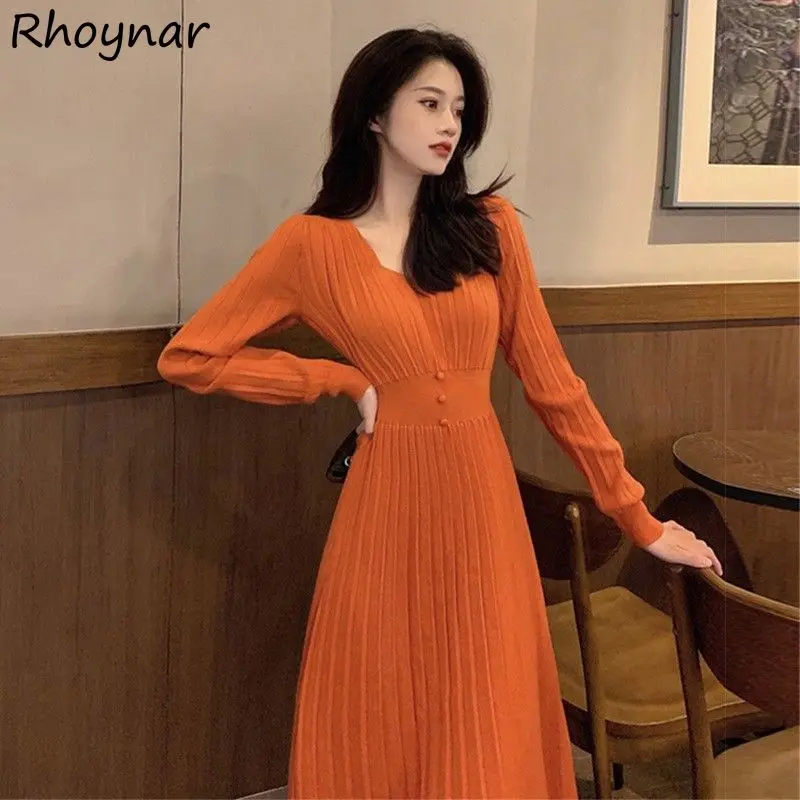 

V-neck Dress Women Knitting Solid Long-sleeve Knee-length Korean-style Basic Autumn New Defined Waist Gentle Temperament Chic