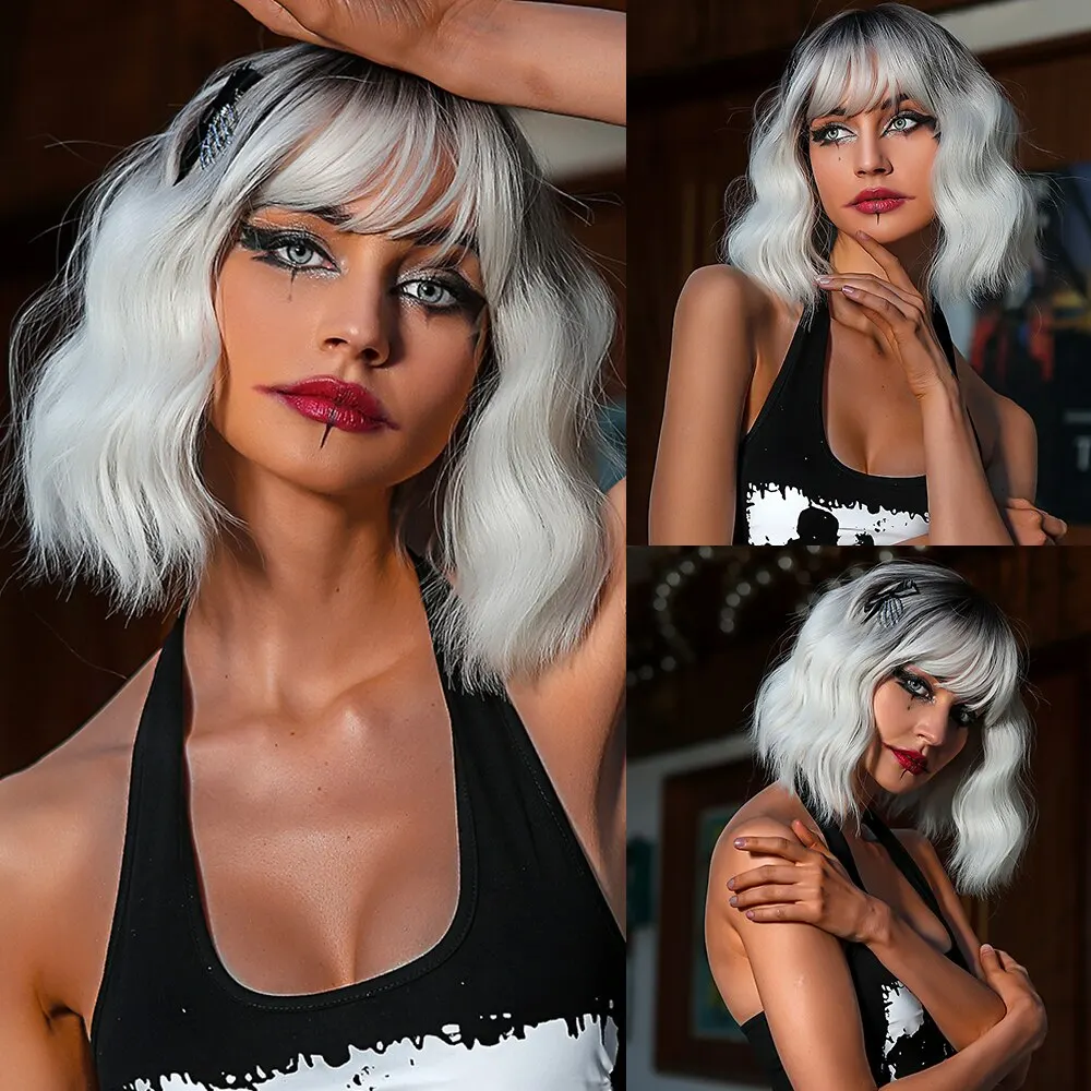Kurze, gewellte Bob-Perücken für Frauen, dunkelbrauner Bob, natürliche synthetische Perücke mit Pony für Mädchen, täglicher Cosplay-Einsatz, hitzebeständig_voghion.com