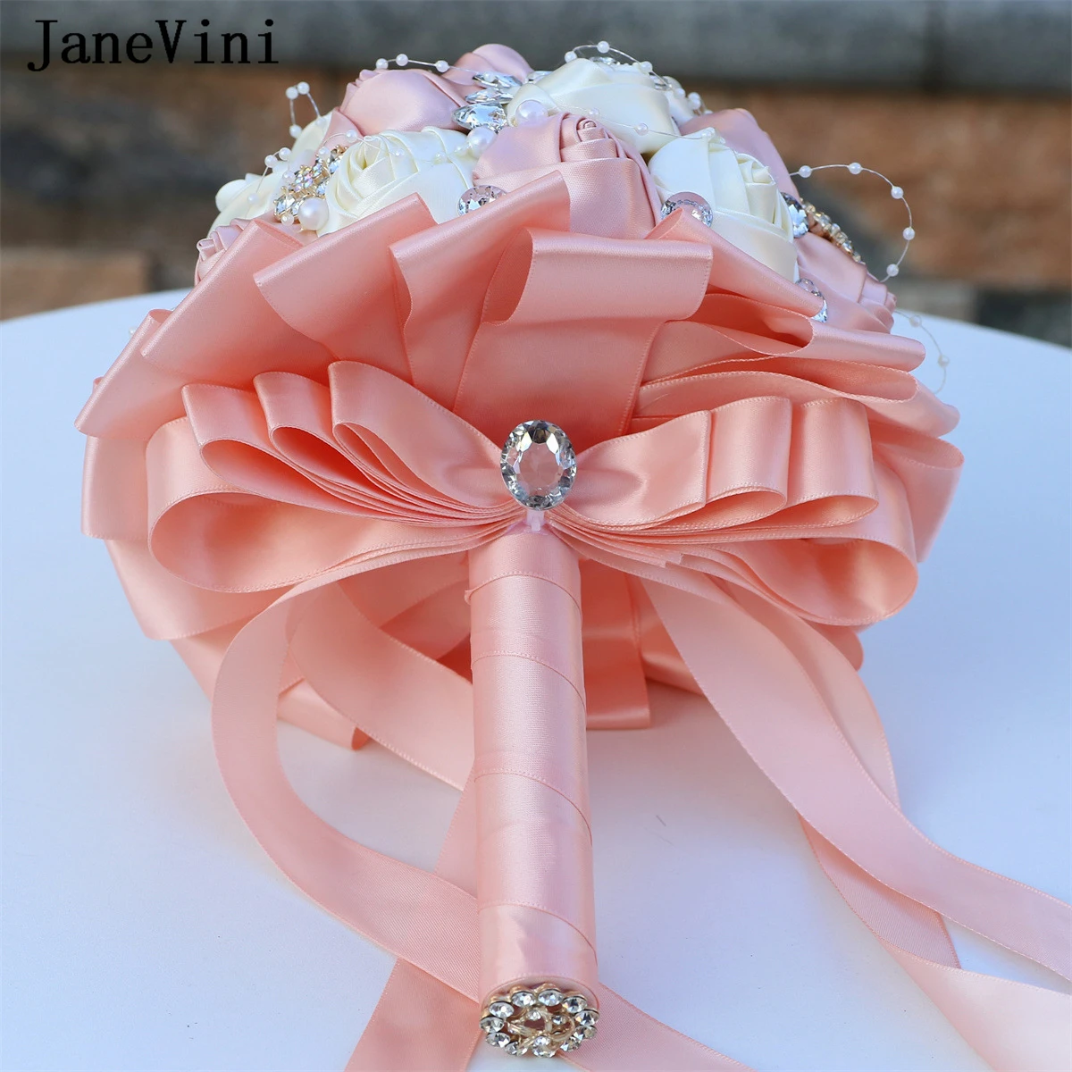 JaneVini Luxury Rhinestone Beaded Wedding Bouquets Light Pink Rose Blue and White Pearl Bridal Hand Flowers Ramo Flores Novia