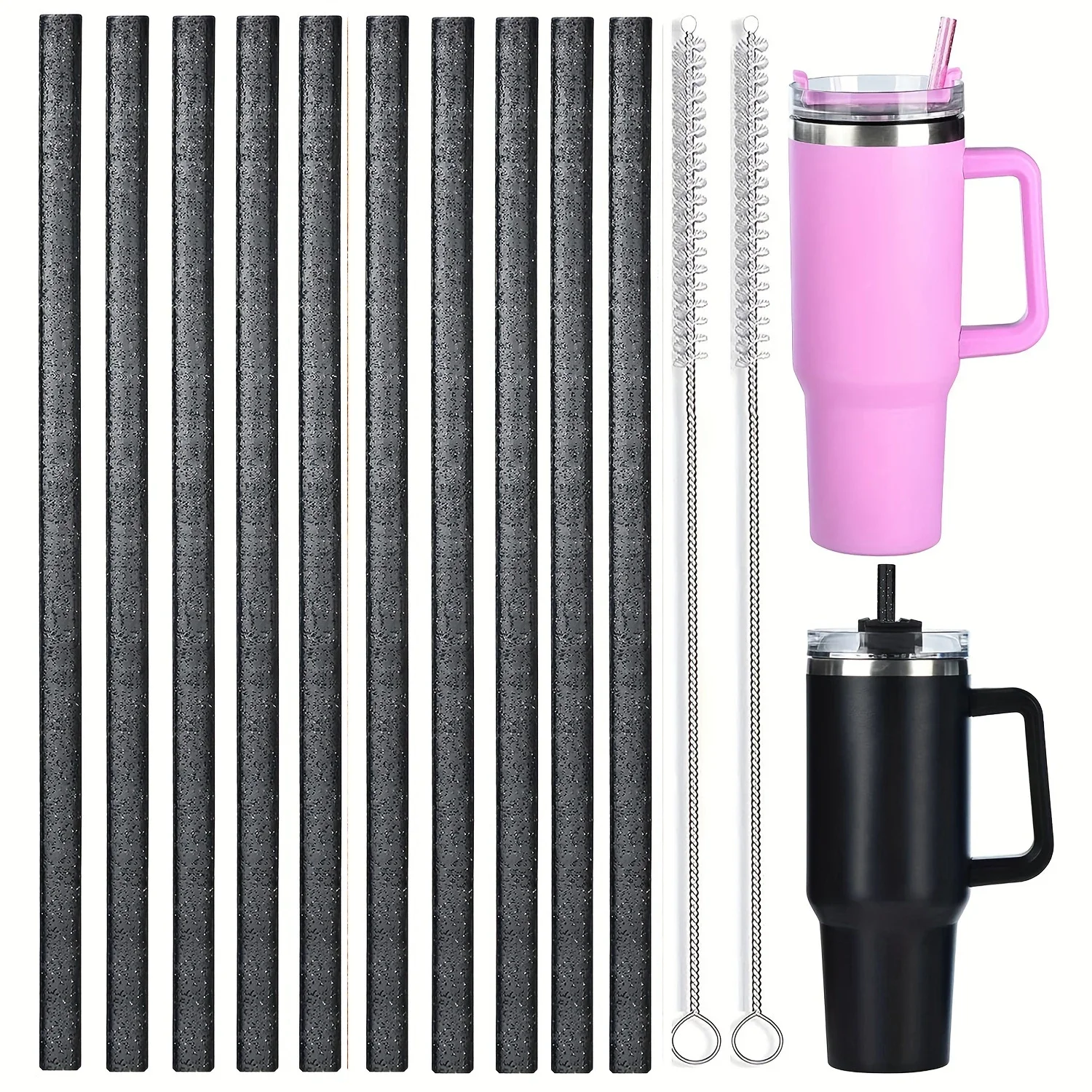 10 Pack Glitter Reusable Plastic Straws with Cleaning Brushes, 12-inch