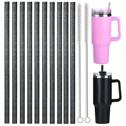 10 Pack Glitter Reusable Plastic Straws with Cleaning Brushes, 12-inch (Grey)