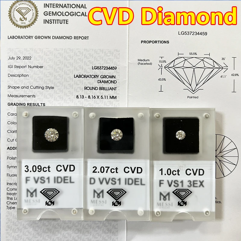 Loose Diamond Stone Lab Grown CVD Diamonds HPHT IGI GIA Certificate 0.3ct 0.5ct 1ct 1.5CT Engagement Diamond