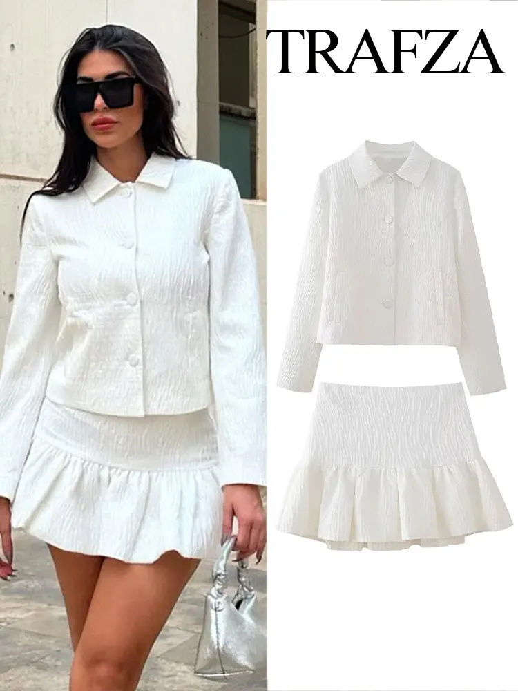 

Женский короткий плиссированный Блейзер TRAFZA, текстурированный однобортный жакет с лацканами и длинными рукавами и карманами + Женская юбка на молнии с высокой талией