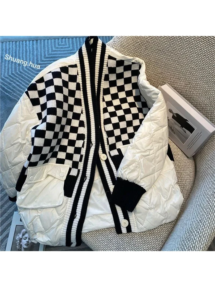 

Down Padded Jacket Women's Winter 2022 Korean New Sweater Patchwork Design Coat Female Thickened Stitching White Down Jacket