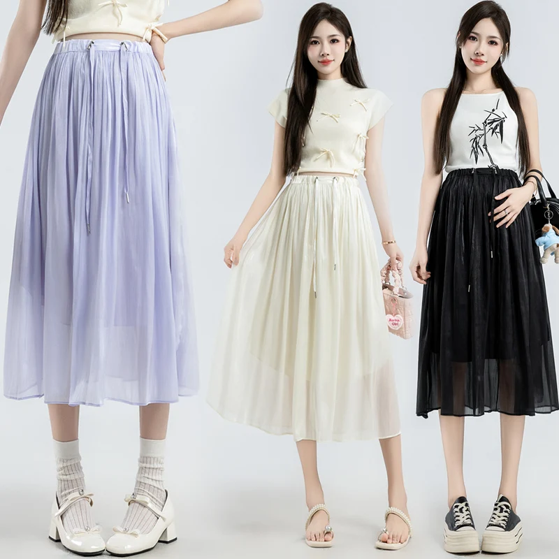 Summer Maternity Ice Silk Skirts Plus Size Drawstring Waist Solid Color Pregnant Woman Pleated Skirts with Lining Midi