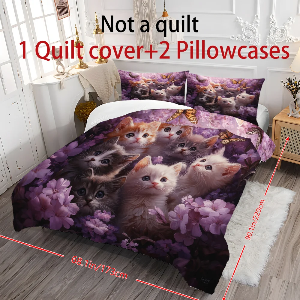 3pcs Cat Flowers Pattern Printed Quilt Cover Set, High-definition Printed Bedding Set, 1 Quilt Cover +2 Pillowcases