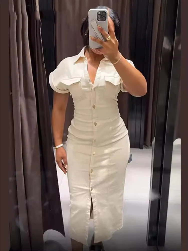 2025 Denim Long Dresses Women Bodycon Midi Dress Woman Summer Ruched Single Breasted Streetwear Casual Dresses Women