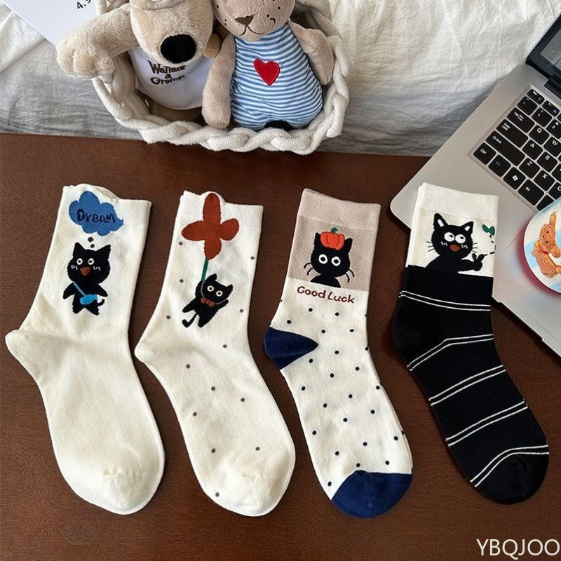 4 pairs of cartoon cat socks cute socks personalized seasonal style simple comfortable versatile mid tube casual socks