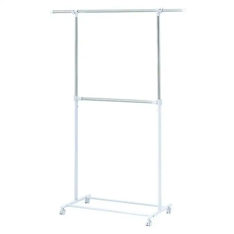 2 Tier Adjustable Chrome Rolling Garment Rack with Silver Metal and White Rod US 3