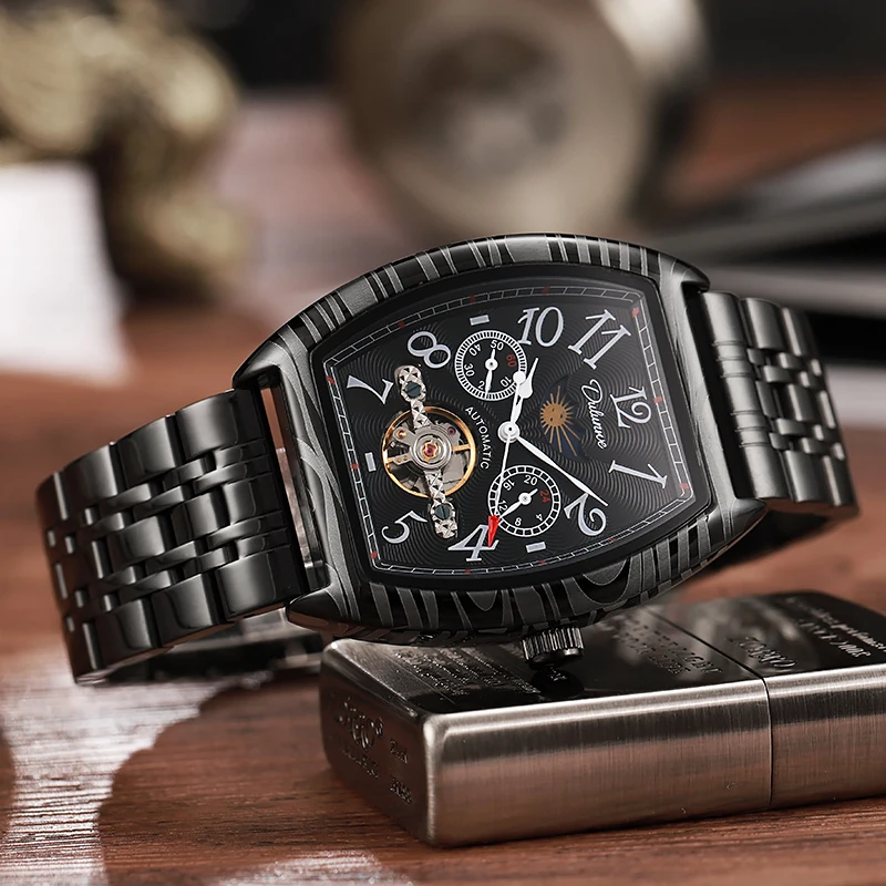 Top-Marke Luxus Tourbillon Mechanische Uhr Für Männer Mode Schwarz Stahl Wasserdicht Mondphasen Automatische Uhr Reloj Hombre_voghion.com