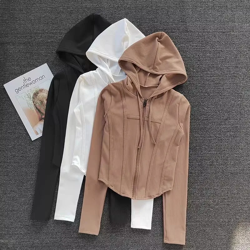Women's Fitness Coat Hooded Cardigan Tight Quick-dry Sports Jacket Running Training Shirt Yoga Clothes Long Sleeve Sport Jacke 1