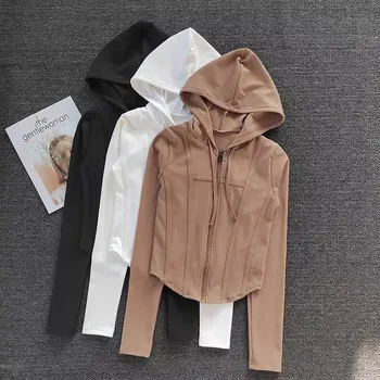 Women's Fitness Coat Hooded Cardigan Tight Quick-dry Sports Jacket Running Training Shirt Yoga Clothes Long Sleeve Sport Jacke 1