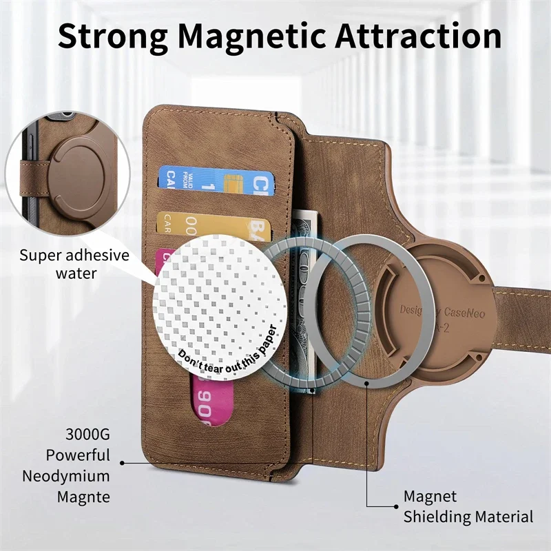 MagSafe Flip Leather Wallet Phone Case with Removable Magnetic Card Holder