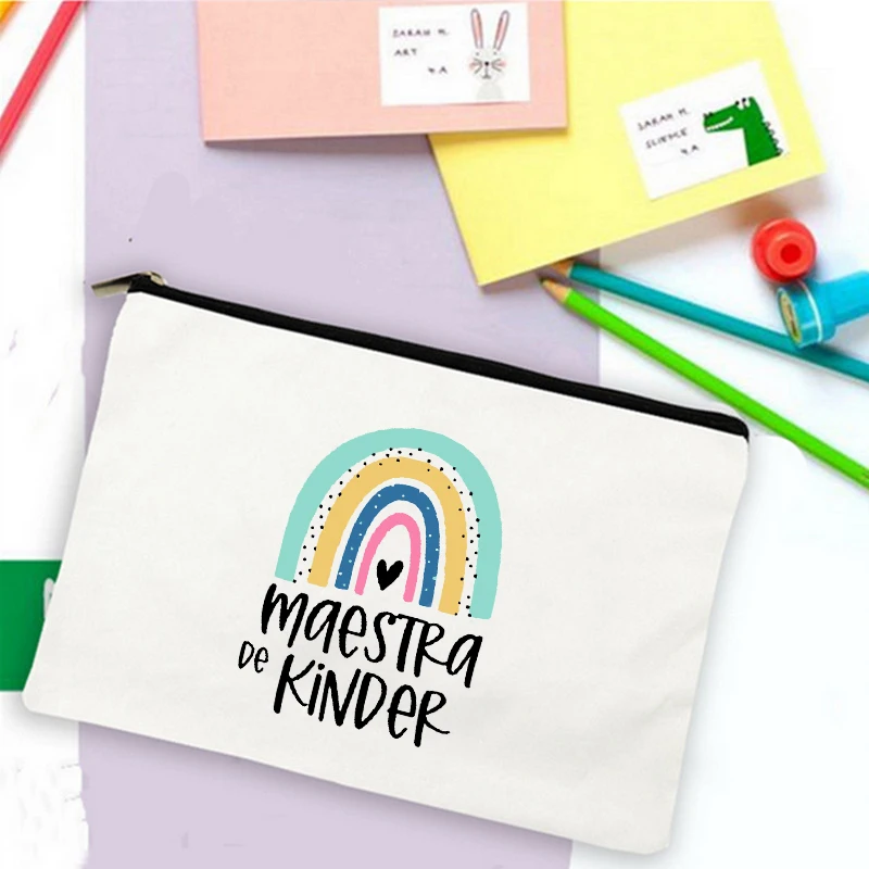 

School Stationery Supplies Storage Bags Rainbow Teacher Spanish Printed Teacher Pencil Cases Travel Wash Pouch Gifts Makeup Bag
