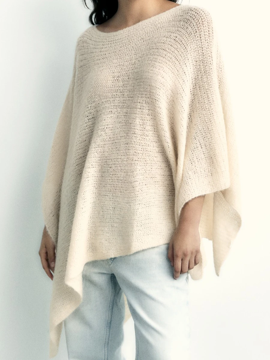 

Hollow Out Solid Women's Smock Tops Round Neck Batwing Sleeve Knit Cloak Coat Woman Streetwear Casual Knitwears 2023 Autumn New