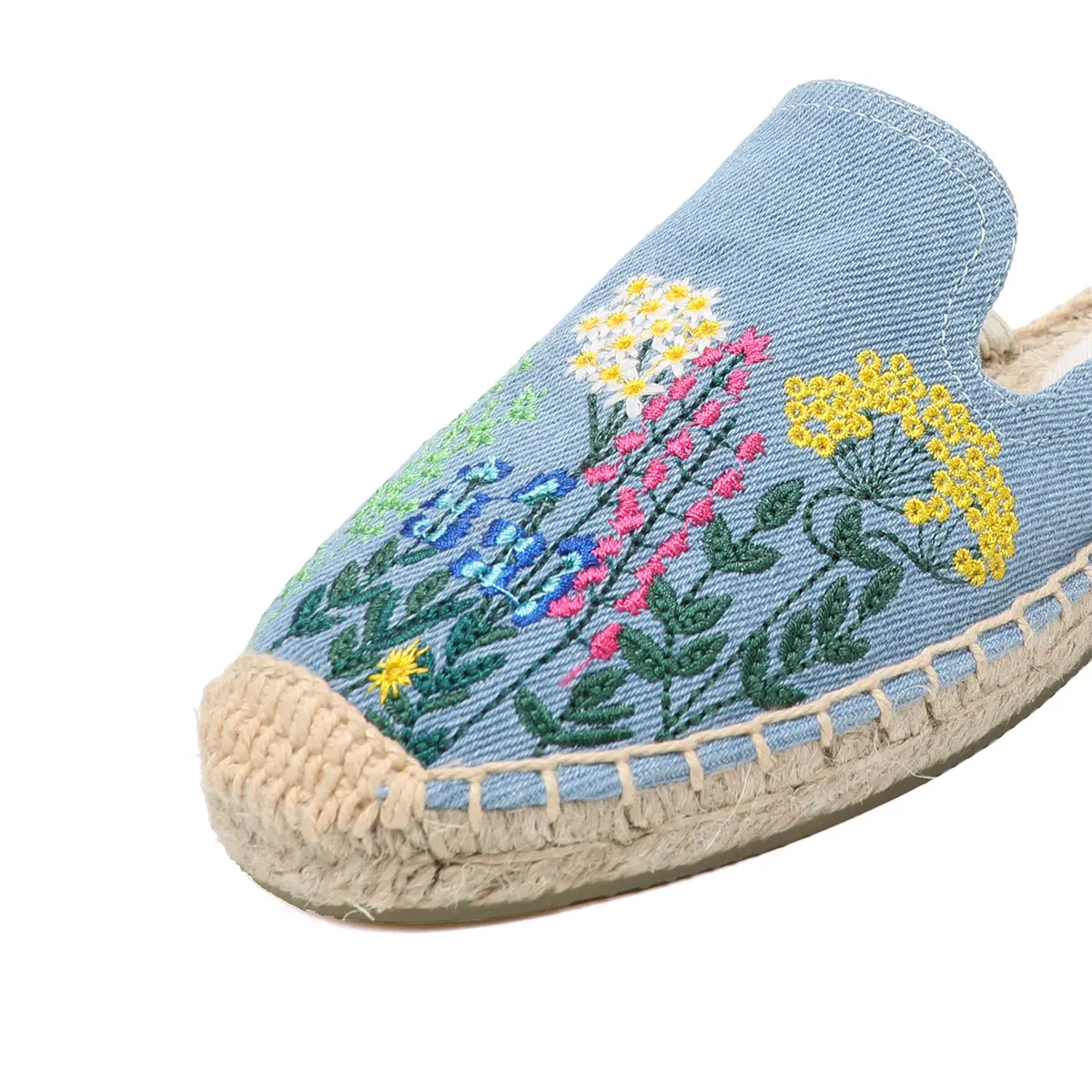 Ladies Summer Fashion Toe Slippers Sandals Flat Comfortable Breathable Slip-On Espadrilles Denim Floral Embroidered Mules