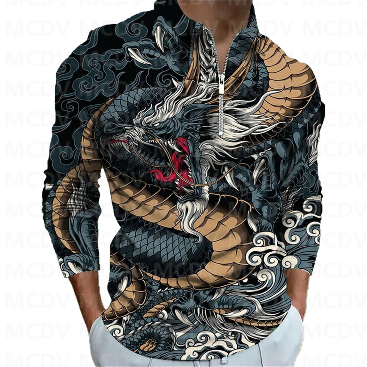 

Men's Long Sleeve Zipper Polo Shirt Dragon 3D Printed Polo Long Sleeve T Shirt Casual Tops