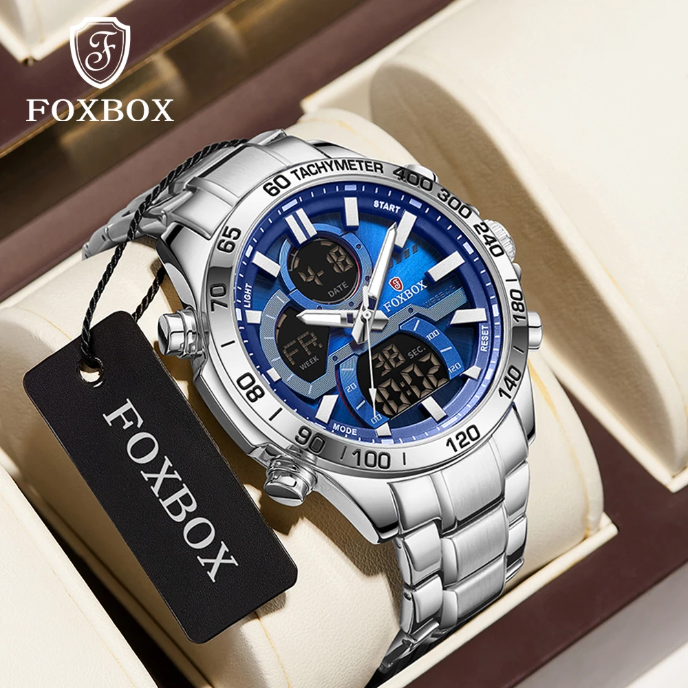 FoxBox Luxury Design Men Quartz Watches Fashion Business Chronograph Stainless Steel 5Bar Waterproof 3C Wristwatch reloj hombre