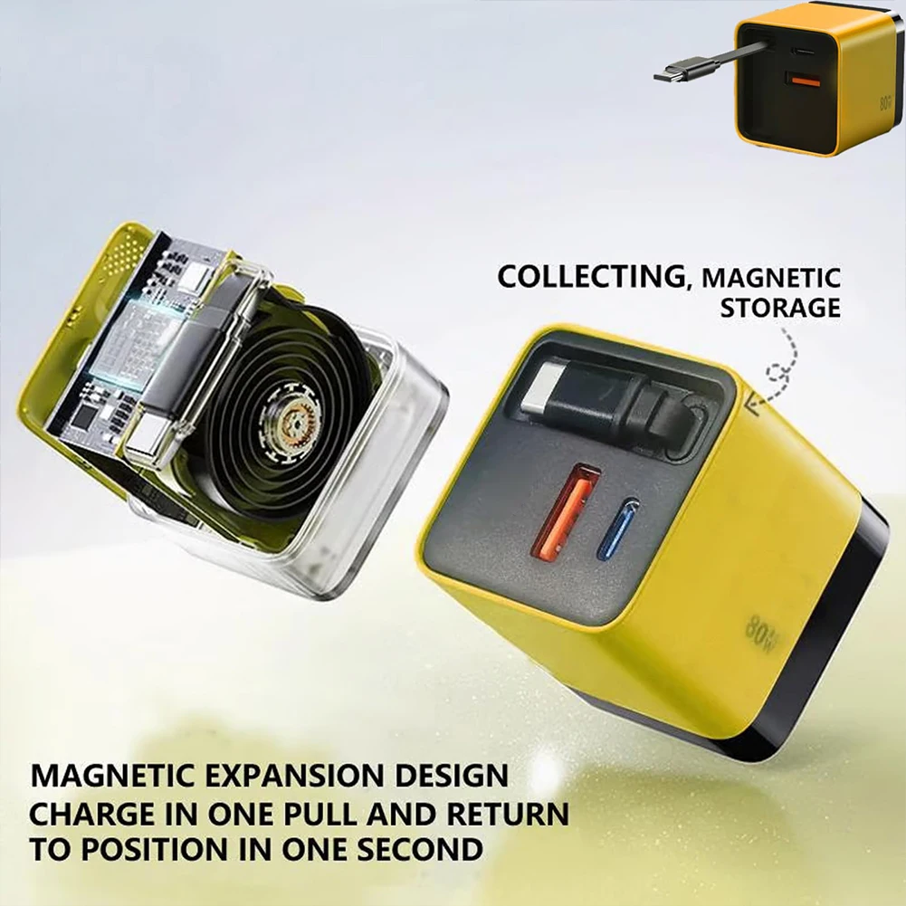 3 In 1 80W GaN Fast Charger 80cm Retractable Type-C Cable USB Phone Charger Foldable US Plug Wall Charger For Cellphones Laptops