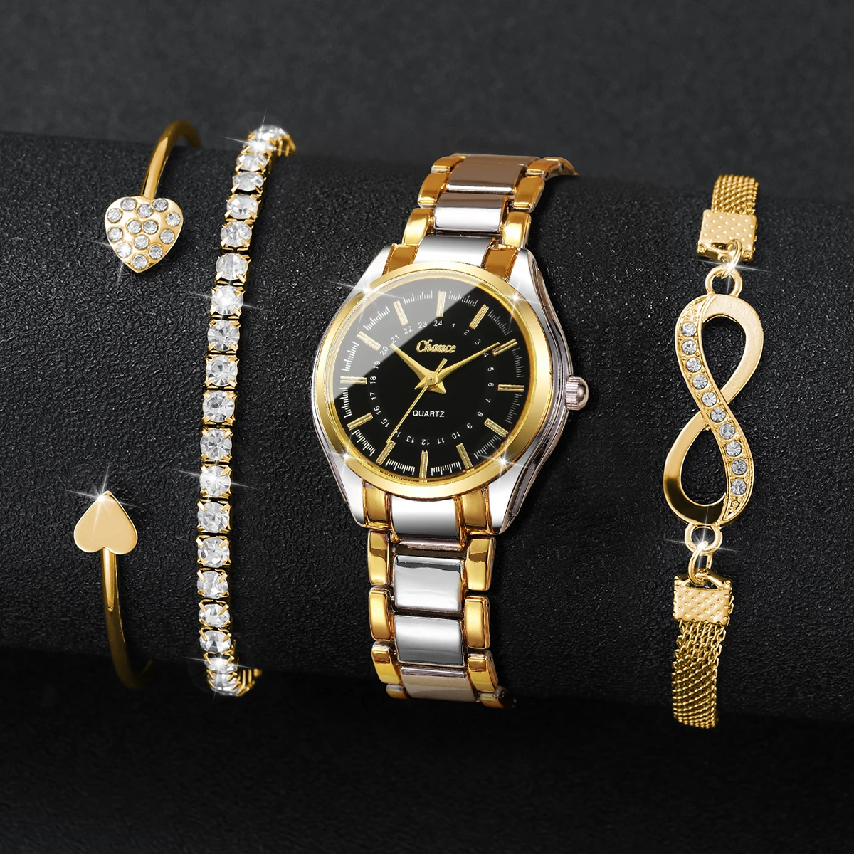 4pcs/set Women's Watch Fashion Casual Digital Scale Dial Elegant Trendy Quartz Watch Bracelet Set (Box Not Included)
